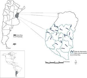 Ubicación de las 20 rutas de observación de aves en la provincia de Entre Ríos, Argentina.