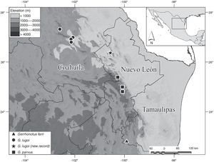 Locality records for Gerrhonotus lugoi, G. parvus, and G. farri. The star represents the new locality of G. lugoi. Modified from Bryson and Graham (2010).
