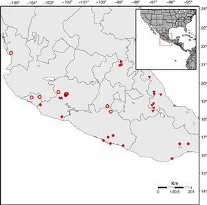 Distribución de las especies del género Krusa. K., K. tuberculata, K. annulata, K. mexicana y K. hidalguensis sp. nov.