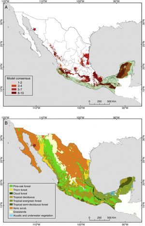 (A) Potential distribution of Promops centralis in Mexico (modified from Ceballos, Blanco, González y Martínez, 2006). Light green shading indicates the current known distribution of this species in Mexico (modified from Medellín et al., 2008). The red star represents the location of the new records reported in this study. (B) Potential vegetation of Mexico (modified from Rzedowski, 1990). These captures were in a type of habitat (xeric shrublands) where P. centralis was considered to be absent. This habitat type is extensively distributed in the north of Mexico, therefore, this species may be more widely distributed than previously thought.