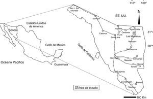 Localización de sierra Las Mesteñas en el estado de Sonora, México.