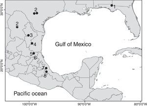 Distribution of the species of Mexistenasellus in Mexico and the United States: (1) M. floridensis; (2) M. coahuila; (3) M. nulemex; (4) M. colei; (5) M. parzefalli; (6) M. wilkensi; (7) M. atotonoztok; (8) M. magniezi.