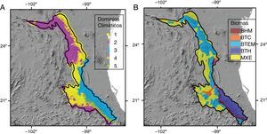 A) Distribución geográfica de las 5 regiones climáticas de la Sierra Madre Oriental; B) distribución de los 5 biomas que la caracterizan. BHM: bosque húmedo de montaña; BTC: bosque tropical estacionalmente seco; BTEM: bosque templado; BTH: bosque tropical húmedo; MXE: matorral xerófilo.