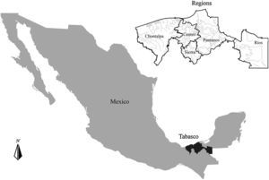 Map of Tabasco and its 5 regions.