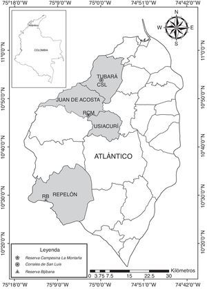 Localización de los sitios de muestreos: Reserva Campesina la Montaña (RCM), Corales de San Luis (CSL) y Reserva Bijibana (RB), Atlántico, Colombia.