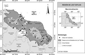 Localidades de los sitios de muestreo dentro la Reserva de Biosfera Los Tuxtlas. Los nombres de las localidades y las coordenadas geográficas de los sitios están disponibles en la tabla 1.