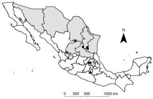 Distribution of Enoclerus zonatus in Mexico, based on state (gray color) or localities records (black dots) (Barr, 1975; Guerrero et al., 1985, and material deposited in CIUM). New locality record indicated with black triangle.