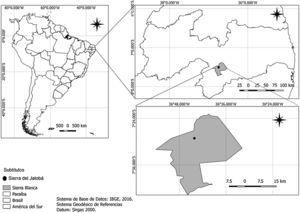 Ubicación del afloramiento rocoso Sierra del Jatobá, municipio de Serra Branca, Estado de Paraíba, Brasil. Mapa elaborado por E.M. Rodrigues.