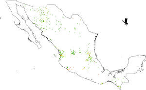 Observed odonate species (SOBS) in a 15×15km (approximately) pixel size for the Mexican territory. Green pixels indicate from 1 to 23 species, yellow pixels indicate 21–26 species, orange pixels indicate 27–40 species, while red pixels indicate 40–65 species.