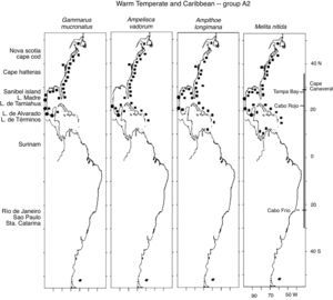 Distribution of Warm Temperate and Caribbean species. Group A2 (Gammarus mucronatus, Ampelisca vadorum, Ampithoe longimana, Melita nitida) along the Western Atlantic (■) including the Mexican lagoons (●).