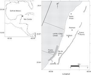 Parque Nacional Arrecife Puerto Morelos, Quintana Roo, México. Se indican los sitios de muestreo con círculos. Modificado de Edgar Escalante y Francisco Ruíz (ICMyL, UAPM).