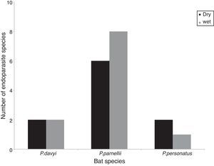 Richness of helminth species during the dry and wet seasons in 3 species of bats.
