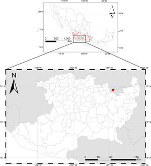 A map that shows the location of the Araró, Michoacán, México (red star). The Araró hot springs are located within the Trans-Mexican Volcanic Belt, approximately 20km west from the well-known Los Azufres geothermal field.