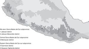 Biogeographic regionalization of the Sierra Madre del Sur province.