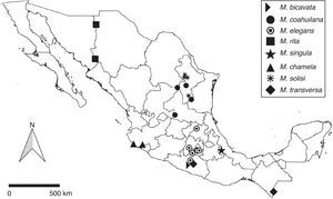 Mapa de distribución de las especies de Melpomene de México.