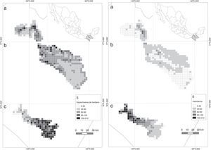 Predicción de la distribución espacial de la riqueza de especies en celdas de 10km2 estimada con datos de especímenes de herbarios (izquierda) o de inventarios (derecha) en 3 regiones de Chiapas (México): a) Montañas del norte, b) Los Altos, c) REBITRI.