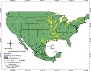 Mapa de la distribución actual de Cincinnatia integra (Say, 1821) con la localización de los nuevos registros (cuadro azul) pleistocenos en el valle de Acatita y subrecientes en Viesca, Coahuila, México (SLP=San Luís Potosí). El color de la figura solo puede apareciarse en la versión electrónica.