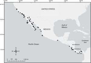 Map displaying records of Branchiostoma californiense based on previously known material (black circles) and the present study material (black triangles).