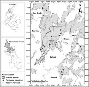 Ubicación geográfica del área de estudio; localidades de muestreo y posición de los sitios de recolecta en los Montes de María (Sucre-Colombia).