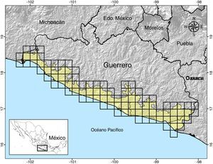 Ubicación geográfica de la costa del Pacífico de Guerrero. Se muestra la gradilla de 0.17°×0.17° (326km2) utilizada para los análisis de distribución e identificación de áreas para la conservación de la avifauna de la región.