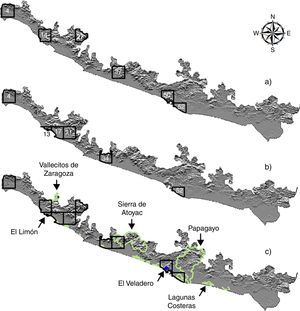 Áreas complementarias identificadas a partir de la distribución potencial de las aves (a) terrestres, (b) acuáticas y (c) traslape con las ANP (polígonos azules) y AICA (polígonos verdes) en la costa del Pacífico de Guerrero.