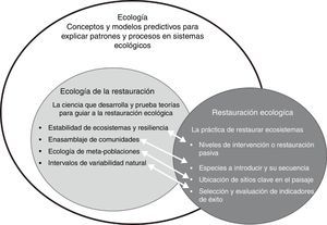 Relación entre la ecología, la ecología de la restauración y la práctica de la restauración ecológica. Modificado de Palmer (2009).