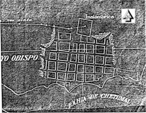 Trazado de las primeras vialidades de Payo Obispo en 1902. Fuente: Archivo General del Estado de Quintana Roo.