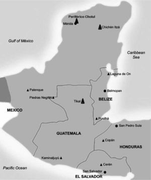 Área Maya, con la ubicación de los sitios mencionados en el presente trabajo (tomado de http://www.famsi.org/maps/maya.jpg, modificado).