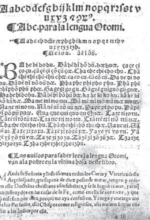 Primera página del alfabeto de la Doctrina cristiana en castellano, mexicano y otomí