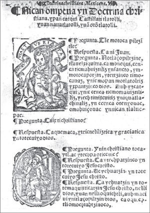Texto en náhuatl de la Doctrina cristiana en castellano, mexicano y otomí, p. 2v.