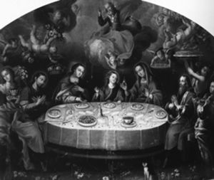 Banquete de Jesús con sus padres y abuelos. Luis Berrueco. Catedral de San José de Tula, Hidalgo. Tomado de: Varios autores. Parábola novohispana. Cristo en el arte virreinal. México: Banamex, 2000, p. 58.