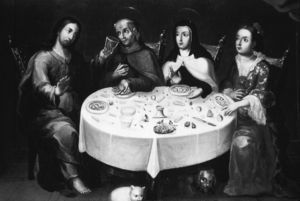 Cena mística de una señora con Jesús, san Pedro de Alcántara y santa Teresa. Gaspar Muñoz. Colección particular. Denver, EE.UU. Tomada de: Varios autores. Pintura y Vida cotidiana. México: Banamex, 1999, p. 104.