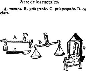 Ilustración del Arte de los Metales (1640) donde se muestran una serie de instrumentos para el beneficio de metales, folio 84-recto.