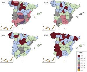 Standardized mortality rate for diabetes mellitus in Spain and its distribution by province. Period 1998-2013. Overall. SMR, standardized mortality rate.
