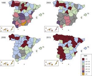 Standardized mortality rate for diabetes mellitus in Spain and its distribution by province. Period 1998-2013. Women. SMR, standardized mortality rate.