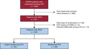 Study flow chart. CABG, coronary artery bypass grafting; MVD, multivessel disease; PCI, percutaneous coronary intervention; STEMI, ST-segment elevation acute myocardial infarction.