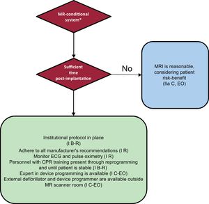 Protocol for performing MRI in patients with MR-conditional devices. In parenthesis, class of recommendation and level of evidence. CPR, cardiopulmonary resuscitation; EO, expert opinion; R, randomized studies; MRI, magnetic resonance imaging. * An MR-conditional system requires the MR-conditional device and leads to be made by the same manufacturer and for there to be no other implanted element.