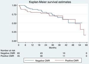 Kaplan-Meier survival curves of elderly patients according to the result of the stress CMR. The result was classified as positive or negative for ischemia if reversible perfusion defects (hypoperfusion) were detected. CMR, cardiac magnetic resonance.