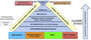 Integrated approach to patients with heart failure with reduced ejection fraction (HFrEF). ACEIs, angiotensin-converting enzyme inhibitors; AF, atrial fibrillation; ARBs, angiotensin II receptor blockers; BHP, bundle of His pacing; BVP, biventricular pacing; CCM, cardiac contractility modulation; CR, cardiac rehabilitation; CRT, cardiac resynchronization therapy; DAPA, dapagliflozin; EMPA, empagliflozin; HFU, heart failure unit; HTx, heart transplantation; GFR, glomerular filtration rate; ICD, implantable cardioverter-defibrillator; ID, iron deficiency; LBB, left branch block; LBBP, left bundle branch pacing; MCS, mechanical circulatory support; MRAs, mineralocorticoid receptor antagonists; RRT, renal replacement therapy; SBP, systolic blood pressure; SGLT2, sodium-glucose cotransporter-2. aGALACTIC (NCT02929329): omecamtiv mecarbil if SBP ≥ 85mmHg or GFR ≥ 20mL/min/1.73 m2 (not licensed). bVICTORIA (NCT02861534): vericiguat if SBP ≥ 100mmHg or GFR ≥ 15mL/min/1.73 m2.