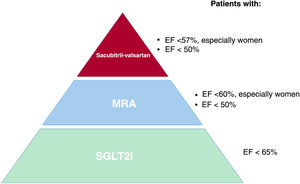 Central figure. Patients who could benefit from treatment of heart failure with preserved ejection fraction. EF, ejection fraction; MRA, mineralocorticoid receptor antagonists; SGLT2i, sodium-glucose cotransporter 2 inhibitors.