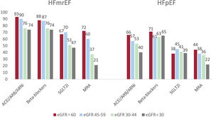 Percentage of treatments by estimated glomerular filtration rate (eGFR) strata among patients with heart failure with mildly reduced ejection fraction (HFmrEF) and preserved ejection fraction (HFpEF). ACEI, angiotensin-converting enzyme inhibitors; ARB, angiotensin II receptor blockers; ARNi, angiotensin receptor-neprilysin inhibitors; MRA, mineralocorticoid receptor antagonists; SLGT2i, sodium-glucose cotransporter inhibitors.