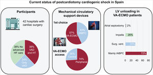 Relevant findings from the survey on postcardiotomy cardiogenic shock management in Spain. HF, heart failure; HT, heart transplant; IABPC counterpulsation, intra-aortic balloon pump counterpulsation; LV, left ventricle; Surg., surgical; VA-ECMO, venoarterial extracorporeal membrane oxygenation; VAD, long-term ventricular assist device; Vent., ventilation.