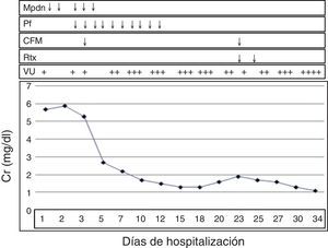 Evolución clínica del caso. Curva creatinina/tiempo durante hospitalización. La pasmaféresis y corticosteroides mejoraron función renal pero el rituximab permitió una remisión del cuadro clínico. CFM: ciclofosfamida; Mdpn: metilprednisolona endovenoso; Pf: plasmaféresis; Rtx: rituximab; VU: volumen urinario.
