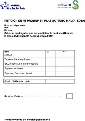 Solicitud diseñada para la petición de NT-proBNP según los criterios de la European Society of Cardiology (2012).