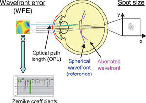 Two criteria to assess optical quality. The spot size is calculated from the spot distribution at the virtual retina. The wavefront aberration is calculated as the difference in optical path length with respect to a reference wavefront. The latter can be approximated with Zernike polynomials for further analysis.