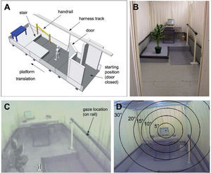 Methodological details. A. Schematic drawing of the large (6m×2m) motion platform used to evoke the reach-to-grasp reactions. B. Photograph showing the view of the platform seen by the subject after opening the door at the start of the trial (the telephone that the subject is instructed to find is located on the desk, next to the computer). C. Example video-image from the head-mounted scene-camera showing the point-of-gaze cursor superimposed by the eye-tracker software (in this example, gaze is fixated on the handrail). D. Example eye-tracker scene-camera video-image showing the point-of-gaze cursor and the superimposed “gaze ellipses” corresponding to visual angles of 5°, 10°, 15°, 20° and 30°, as calculated by the software developed by the authors25 (in the example shown, gaze is fixated on the computer screen and the far end of the handrail is visible within a visual angle of 15°).