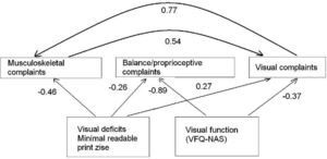 Path diagram of the impact of visual function and visual deficiency on visual, balance/proprioceptive and musculoskeletal complaints. Note: Regression coefficients are standardized. All regression coefficients shown are significant (P<0.001).