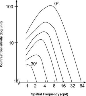 Dependence of the spatial CSF with eccentricity (top: 0°, bottom: 30°).