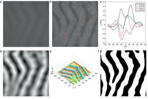 Demonstration of Gabor filter responses over different spatial locations for λ=40 pixels and Nθ=72: (a) input 256×256 pixels IR image cropped from Fig. 1(a); (b) contrast enhanced IR image on which the boundary pixels detected from binary image in (f) is overlayed and corresponding pixel locations over which Gabor filter responses are observed; (c) Gabor filter responses of pixels shown in (b); (d) average Gabor filter response Iλ=40 of (a) computed according to Eq. (10); (e) surface plot of (d); (f) binarized Gabor filter response Bλ according to Eq. (11). (For interpretation of color in the artwork, the reader is referred to the web version of the article.)