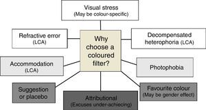 Schematic diagram to illustrate potential reasons why children might choose a coloured overlay on first testing.
